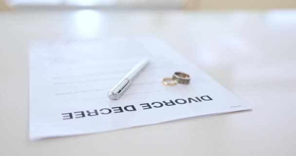 Válási Papírok Gyűrűk Tollak Megállapodáshoz Családjog Szakítás Párkapcsolati Problémák Miatt — Stock videók