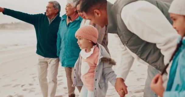 Familia Señalando Hijos Con Abuelos Playa Con Vista Vacaciones Vacaciones — Vídeo de stock