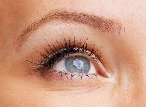Ojos Mujer Primer Plano Con Pestañas Maquillaje Visión Con Iris —  Fotos de Stock