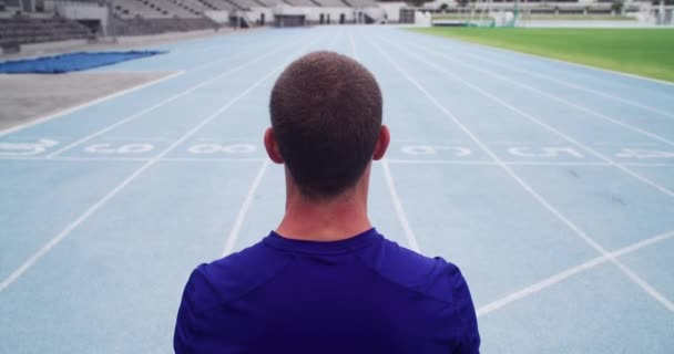 Rear View Man Athlete Racing Track Runner Fitness Training Stadium — Stock Video