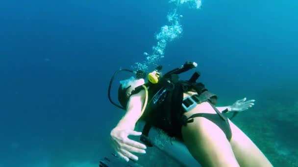 스쿠버 다이빙 모험과 Ampat에서 휴가에서 재미에 인도네시아의 휴가에 장난스러운 다이버 — 비디오