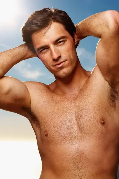 Portret Topless Ciało Człowieka Plaży Zdrowie Piękno Skóry Lecie Świeżym Obrazek Stockowy
