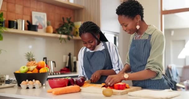 調理し 黒人の家族と母親 女の子と食べ物と愛し 一緒に結合し ランチ 子供の頃の発達 キッチン 食事で教えること — ストック動画