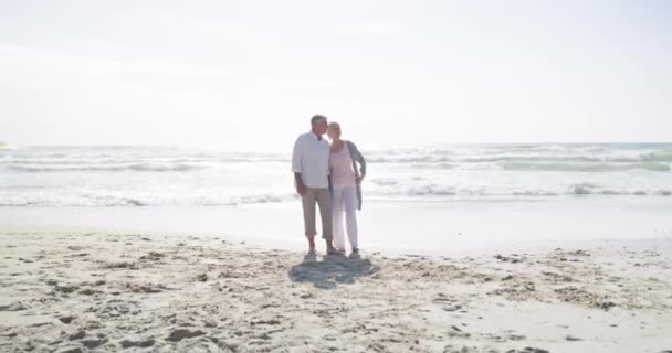 成熟したカップル ビーチ 自然の中で手を握る ケアサポートまたは週末のアドベンチャーでリラックスした日 シニア または結婚の絆のために幸せ 愛やフロリダ ロマンスのための抱擁 — ストック動画