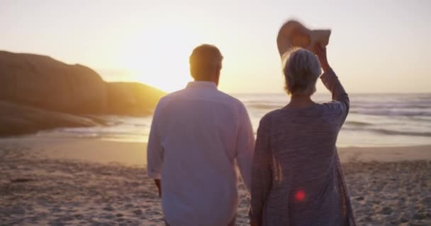 一对快乐的夫妇 在沙滩上散步 手牵手 在日落时 在假日结婚 在户外和退休 年老或热爱承诺 结合或关心爱情关系 — 图库视频影像