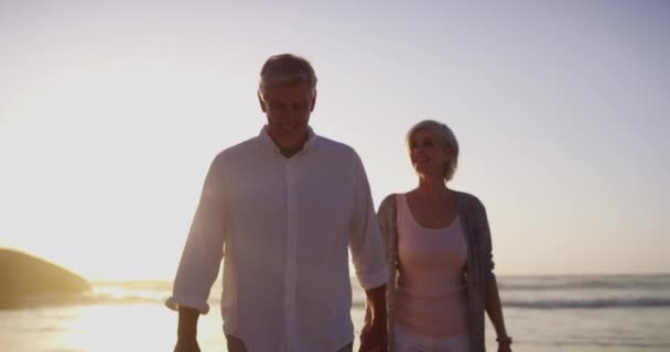 Старшая Пара Прогуливаясь Пляжу Держась Руки Закате Поженившись Отпуске Счастлива — стоковое видео