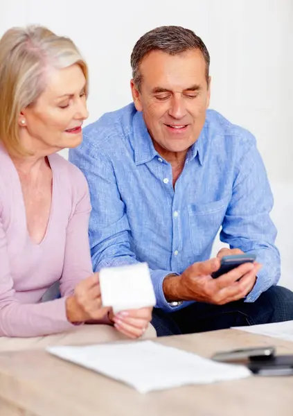 Receipt, calculator or senior couple with computer in home for retirement savings or pension planning. Profit growth, financial investment or mature man talking to a woman for house bills or budget.