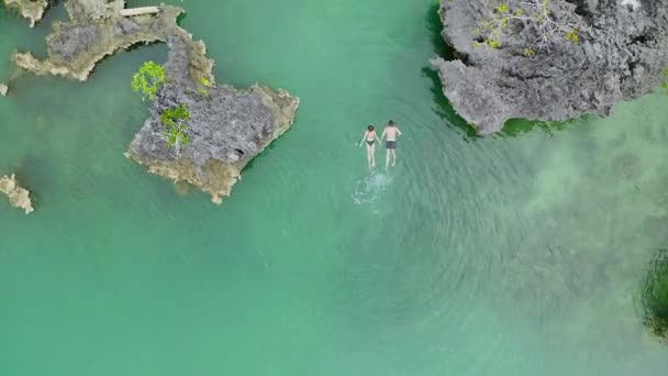 有的去了大海 有的去了朋友游泳 有的去了海滩度假 有的去了暑假 还有的去了旅游 印度尼西亚Raja Ampat岛在水 海洋或珊瑚礁中潜水的人的空中照片 — 图库视频影像