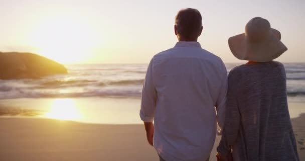Casal Feliz Andando Praia Mão Segurando Com Costas Casado Férias — Vídeo de Stock