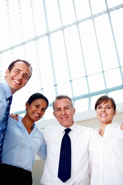 Businesspeople Portrait Happy Low Angle Office Hug Together Embrace Unity — Stock Photo, Image