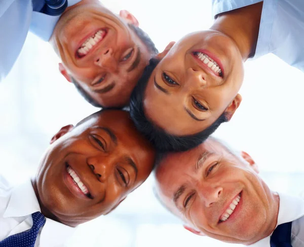 Portrait Businesspeople Huddle Low Angle Office Closeup Diversity Trust Support — Stock Photo, Image