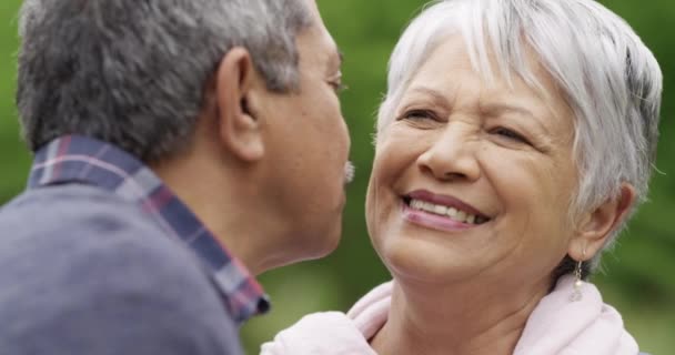Szerelem Csók Boldog Nyugdíjas Pár Parkban Dátumot Szórakozás Utazás Kötelék — Stock videók