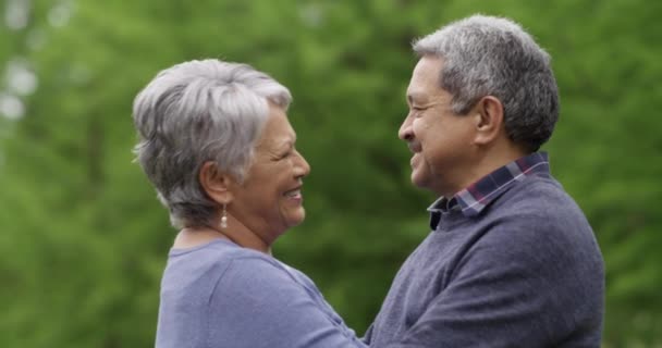 Miłość Uścisk Para Seniorów Parku Więź Relaks Podróże Wakacje Lub — Wideo stockowe