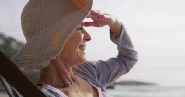 Mature Happy Woman Watching Husband Beach Laugh Funny Joke Couple — Stock Video