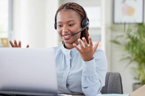 Afrikansk Kvinne Call Center Smil Laptop Kommunikasjon Kontakt Oss Eller – stockfoto