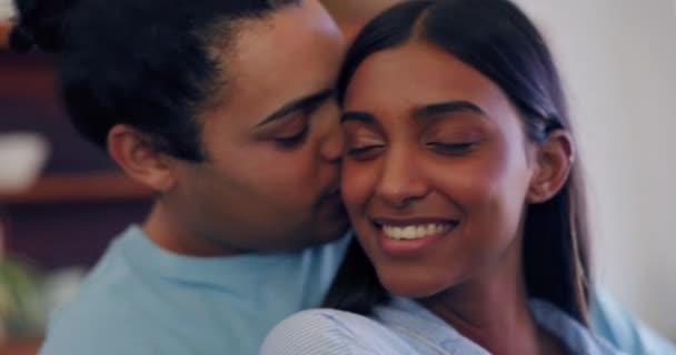 Couple Embrace Kiss Cheek Love Care Marriage Partnership Home Happy — Stock Video