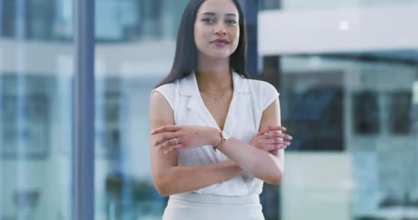 女商人两臂交叉 面带微笑 办公室和专业 会计和幸福 事业心强 财务办事员 工作和优雅的女性 — 图库视频影像