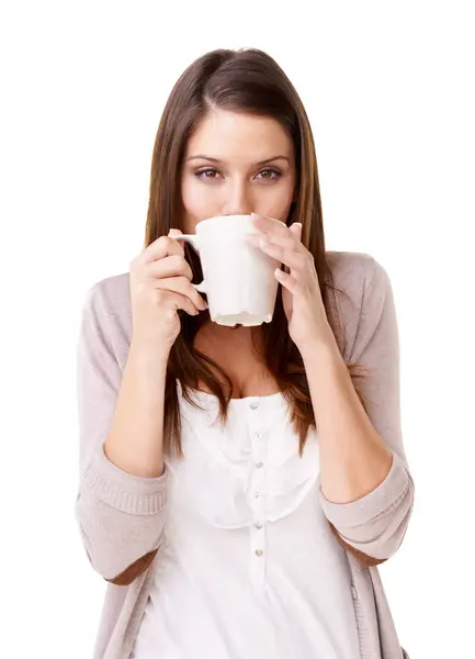 Casual Woman Portrait Drinking Coffee Mug Cup White Studio Background — Stock Photo, Image