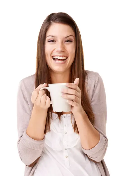 Kadın Portrede Kahve Içiyor Gülümsüyor Stüdyoda Rahatlıyor Mutlu Kahkaha Beyaz — Stok fotoğraf