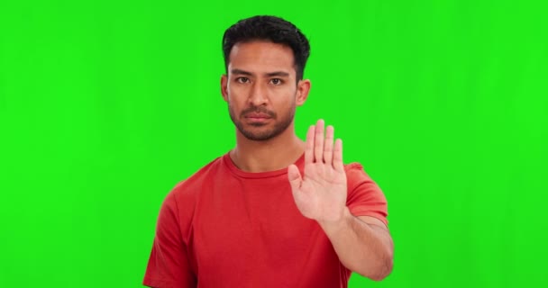 Zielony Ekran Ręka Zatrzymać Przez Człowieka Twarz Studio Bez Odrzucić — Wideo stockowe
