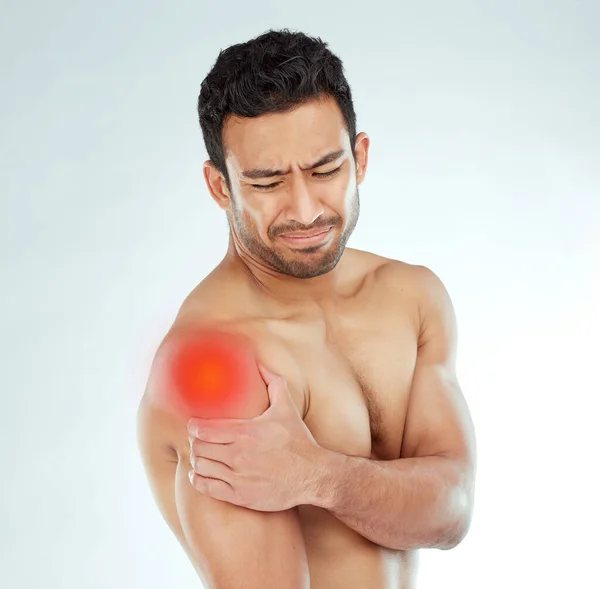 Shoulder Pain Stress Asian Fitness Man Studio Muscle Tension Arthritis — Stock Photo, Image