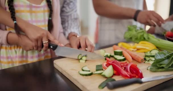 Μαγειρική Λαχανικά Και Χέρια Του Παιδιού Της Μητέρας Στην Κοπή — Αρχείο Βίντεο