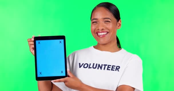 Woman Tablet Mockup Green Screen Volunteer Community Service App Marketing — Stock Video