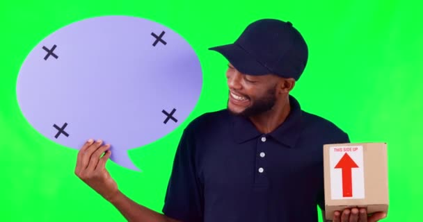 Speech Bubble Mockup Delivery Black Man Green Screen Studio Box — Stock Video