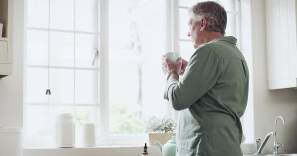 Senior Man Cannabis Medicinale Thee Keuken Voor Gezondheid Welzijn Morgens — Stockvideo