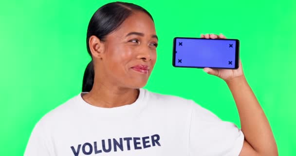 Жінка Волонтерство Телефон Зеленому Екрані Благодійності Громадського Обслуговування Або Благодійної — стокове відео