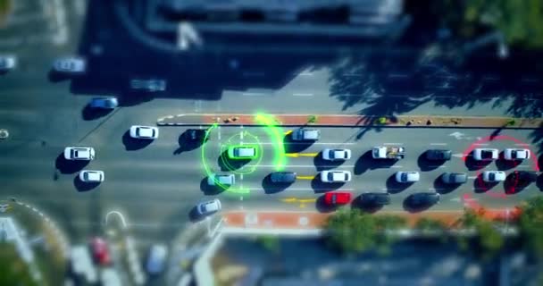 サイバーセキュリティシステム 未来と技術の上のビューから高速道路上の車でフード 監視とAi デジタルとデータベースのための都市の車両のGpsトラッカーとネットワーク 安全性とレーダー — ストック動画