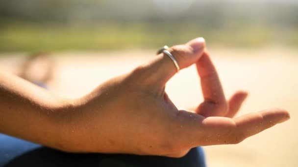 Hands Beach Closeup Woman Doing Meditation Exercise Zen Health Wellness — Stock Video