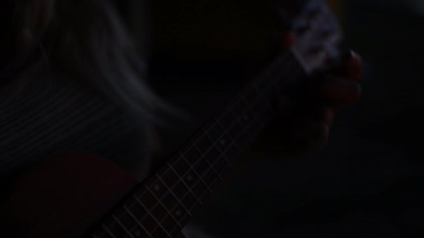 Kadın Geceleri Müzik Ses Tatil Için Kamp Ateşiyle Gitar Çalıyor — Stok video