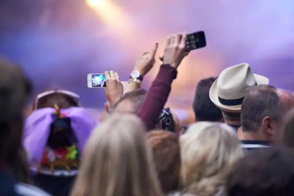 People, festival and crowd in music concert, cellphones and audience for event, entertainment and back. Technology, fun and gathering for rock and roll, celebration and performance for live streaming.