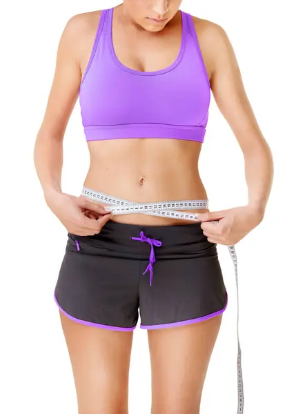 Woman Measuring Tape Stomach Weight Loss Studio Fitness Wellness Body Royalty Free Stock Photos