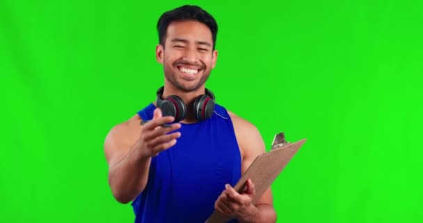Happy Asian Man Clipboard Pointing You Green Screen Fitness Signup — Stock Video