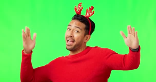 Człowiek Taniec Boże Narodzenie Kapelusz Przez Zielony Ekran Komiks Twarz — Wideo stockowe