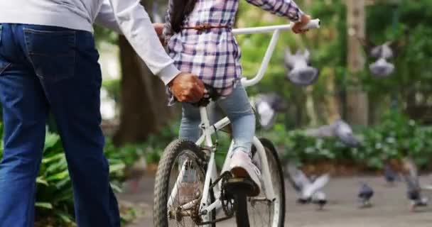 Família Bicicleta Uma Menina Aprendendo Andar Parque Com Mão Avô — Vídeo de Stock