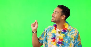Tatil, tatil, seyahat, kontrol listesi ya da program için el ve liste yeşil ekranda. Hedefi kontrol etmek için takvimi olan mutlu insan portresi, Hawaii için çiçekli ve boş alan reklamı.