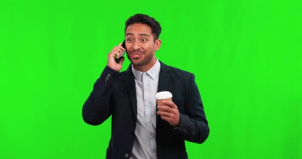 Overraskelse Telefonopkald Business Mand Grøn Skærm Nyheder Annoncering Eller Mulighed – Stock-video