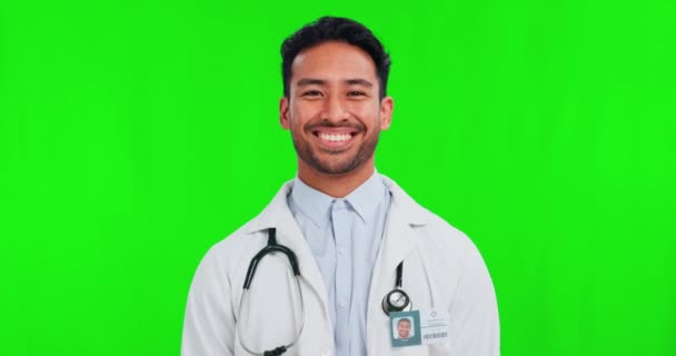 Γιατρός Πρόσωπο Χαρούμενος Άνθρωπος Και Πράσινη Οθόνη Για Την Υγειονομική — Αρχείο Βίντεο