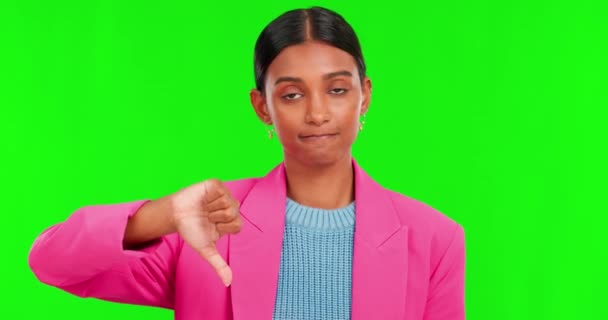 Kciuki Dół Palec Twarz Hinduskiej Kobiety Zielonym Ekranie Studio Potrząsnąć — Wideo stockowe