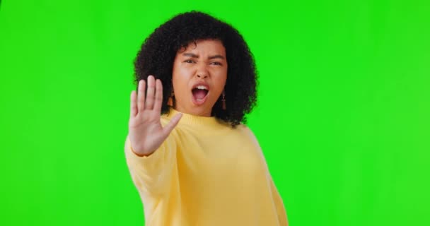 Kobieta Krzycz Stop Ręka Gest Zielonym Ekranie Cenzurowane Ostrzeżenie Tle — Wideo stockowe