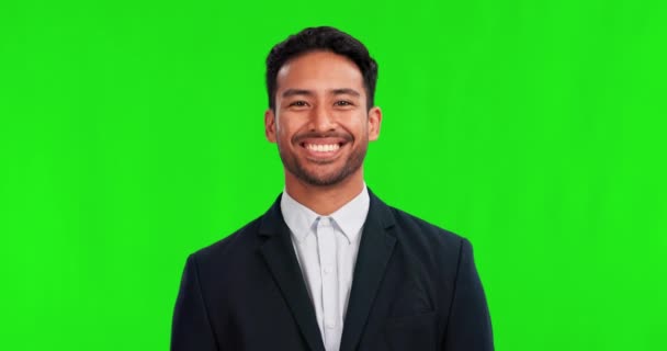 Hombre Negocios Sonríe Ríe Pantalla Verde Con Mentalidad Feliz Motivación — Vídeos de Stock