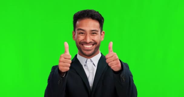Başparmaklar Yukarı Gülümseme Yeşil Ekrandaki Adam Portresi Evet Destek Teşekkür — Stok video