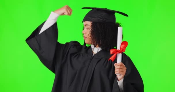 Graduación Puño Estudiante Mujer Pantalla Verde Éxito Motivación Educación Metas — Vídeos de Stock