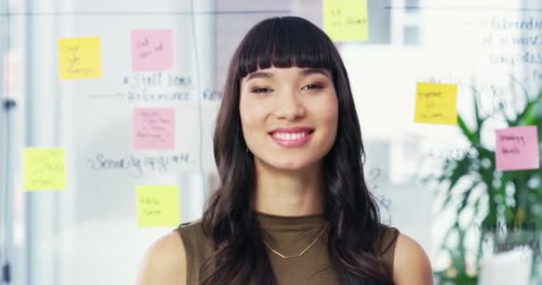 女性は 職場での採用 創造的な機会を指摘することに満足しています マーケティングオフィスの採用 キャリア ハンドジェスチャーのための笑顔の起業家 肖像画 — ストック動画
