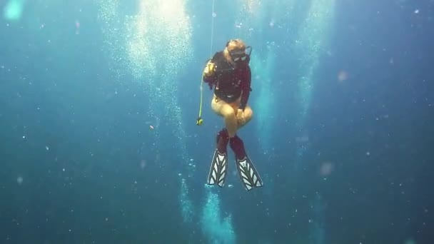 Kvinna Simning Och Dykning Havet För Att Utforska Undervattens Och — Stockvideo