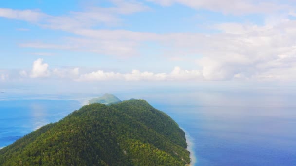 Aerial Drone Mountain Blue Sky Green Island Trees Ocean Sea — Stock Video