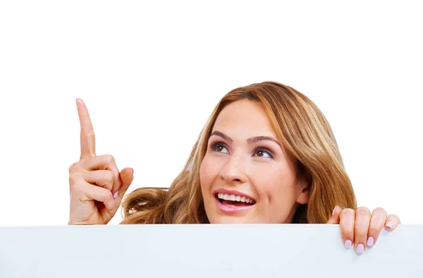 Woman Poster Pointing Information Peeking Studio Communication Announcement White Background — Stock Photo, Image